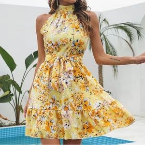 Floral Halter Neck Tie Waist Dress: Ruffled Hem, Women's Vacation Fashion